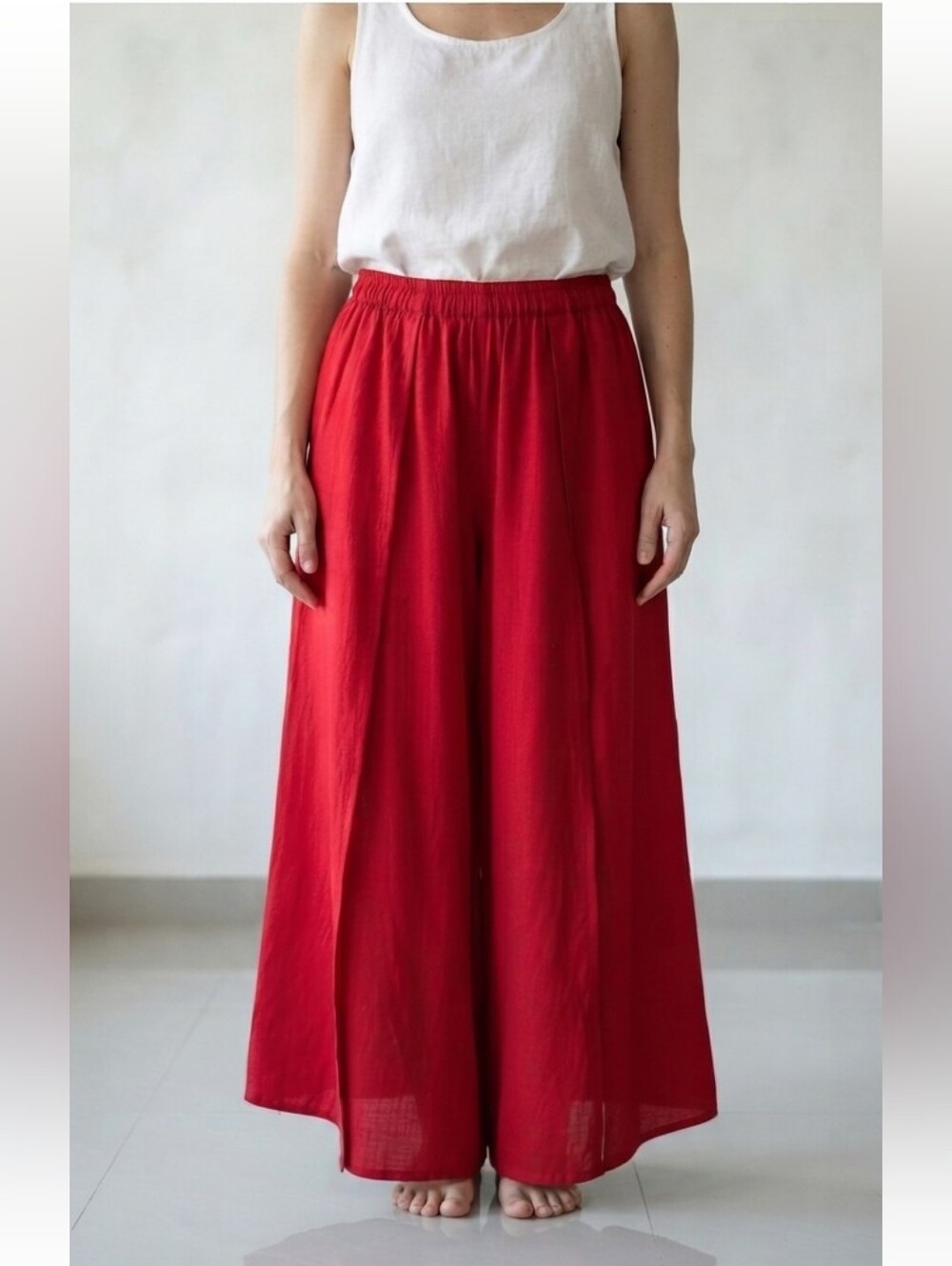 Red Wide Leg Palazzo Pants Split Skirt High Waist Stretch M / L Boho EUC
